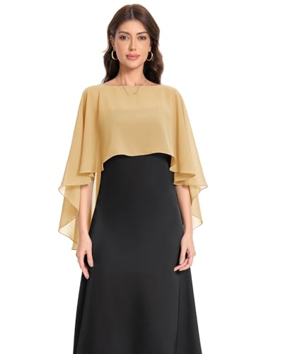 Baoqiya Women's Capelet Shawls and Wraps for Evening Dresses Soft Bridesmaid Shawl Chiffon Cape Wedding Cover Up - color: Gold