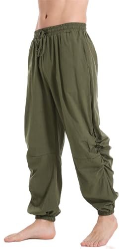 perdontoo Mens Casual Cotton Linen Pant Elastic Waist Drawstring Yoga Jogger Pants - color: Army Green, size: Small