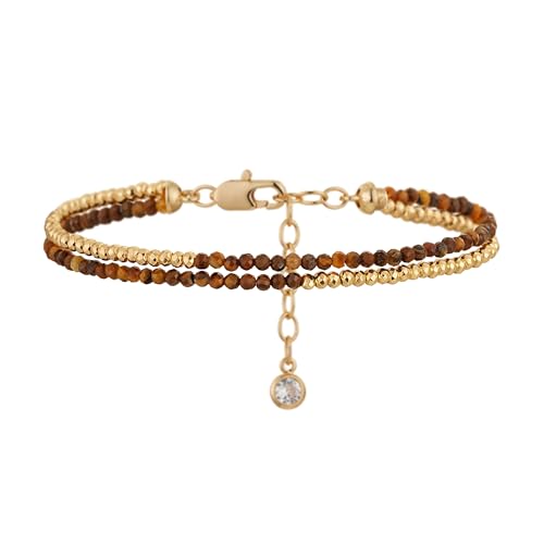 Women Beaded Bracelet Gold Double Layer Gemstone 14K Simple Dainty Handmade Chain Everyday Boho Beach Jewelry - style: Tiger's Eye