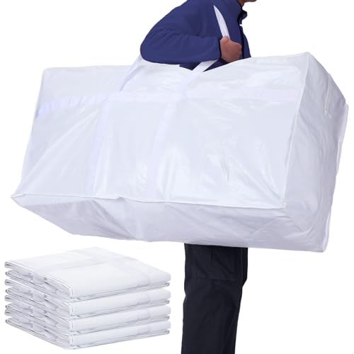 4 Pack 57 Gallon Extra Large Moving Bags XXL Heavy Duty Storage Bag with Strong Zipper Handle Jumbo Big Tote Box Foldable for College Dorm Travel Clothes Duffle Blanket Pillow(White) - color: White, size: 57 Gallon