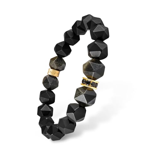 AWNL Beaded Bracelet for Men Tiger Eye Onyx Obsidian Natural Gemstones (10 mm) Premium Sterling Silver Centre Protection Charm Handmade Stretch Bracelet Gift for Men, 5.9''- 8'' - color: Black, size: M (Wrist Size 6.7''-7.1'' Weight 80-90 kg)