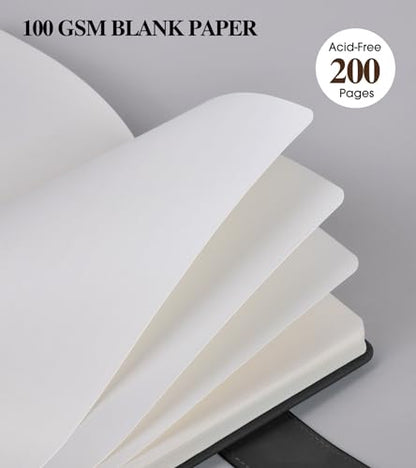Blank Journal Notebook, A5 Hardcover Leather Sketchbook with 200 Pages Thick Blank Paper for Men Women, Unlined Drawing & Writing Journal, 5.9" x 8.4" Plain Notebook (black) - color: Black, size: Blank Page