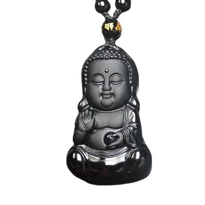 Natural black obsidian rainbow obisidan ice obsidian Maitreya launghing buddha necklace Amulet pendant bead chain - color: black obsidian baby buddha