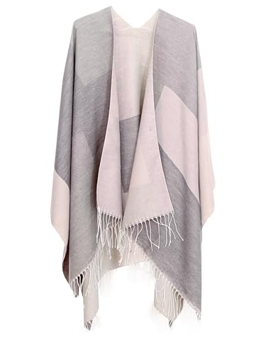 MissShorthair Women's Printed Shawl Wrap Fashionable Open Front Poncho Cape, Gift for Women - color: T-grey Pink White