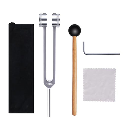 128Hz Aluminum Alloy Tuning Fork, Sound Vibration Tool with Silicone Hammer & Storage Pouch, Relaxing Vibration Device for Yoga Meditation, Daily Stress Calming & Body Leisure Care