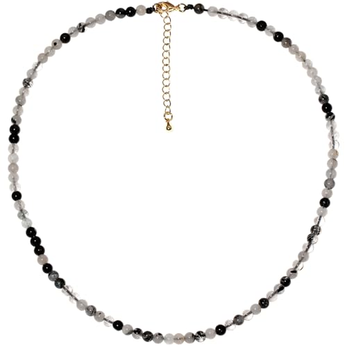 Simple Choker Necklace for Women Real Stone and Crystals Necklaces 4mm Beaded Choker Jewelry Meditation Gift for Women (16"+2") - style: Black Rutilated Quartz