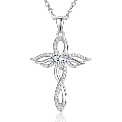 TANGPOET Angel Wings Necklace for Women 925 Sterling Silver Guardian Angel Pendant, Heart Cross Birthstone Necklace, Birthday Jewelry Gifts for Her - style: 4-April White Diamond