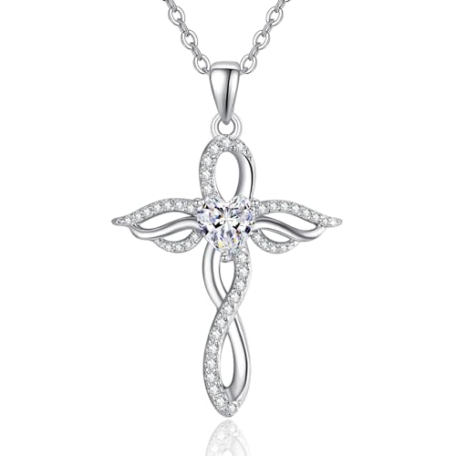 TANGPOET Angel Wings Necklace for Women 925 Sterling Silver Guardian Angel Pendant, Heart Cross Birthstone Necklace, Birthday Jewelry Gifts for Her - style: 4-April White Diamond