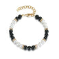 Natural White Pearl Black Obsidian 6mm Bead Adjustable Vintage Bracelet Jewelry Gift for Women