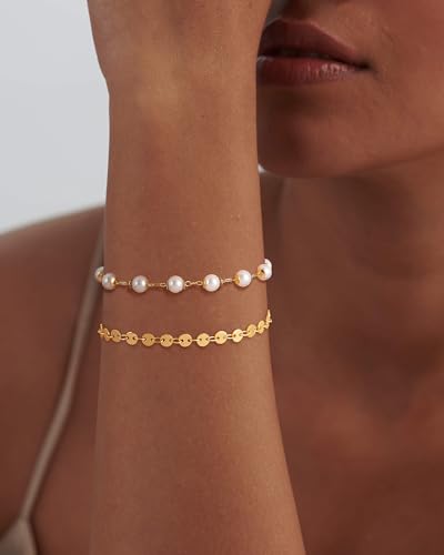 Dremmy Studios Gold Bracelet for Women 18K Gold Plated Dainty Paperclip Cubic Zirconia Disc Coin Star Cable Satellite Bead Pearl Simple Boho Minimalist Stacking Layered Link Jewelry Gift - color: Bead Pearl