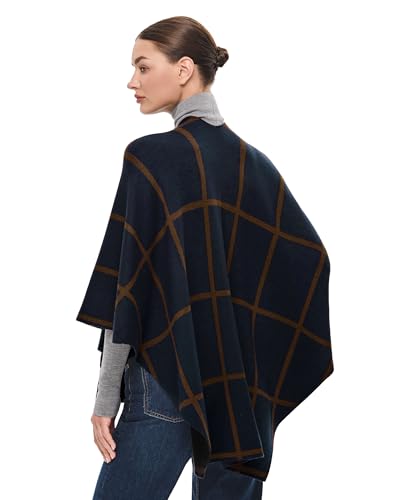PULI Women's Elegant Shawl Wraps Soft Open Front Poncho Sweater for Spring Fall Winter - color: Classic Check-dark Slate Blue and Caramel