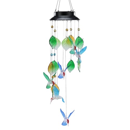 Solar-Powered LED Wind Chimes with Colorful Shells, Waterproof Flashing Lights, 13/28 Inch Hanging Decor for Outdoor Garden Patio Yard Home Indoor Outdoor, Gift (Hummingbird) - color: Hummingbird
