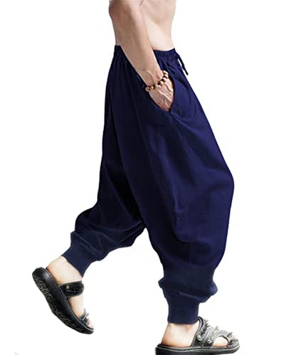 CLANMILUMS Men's Cotton Harem Pants Casual Loose Hippie Drop Crotch Trouser - color: Navy1, size: Medium