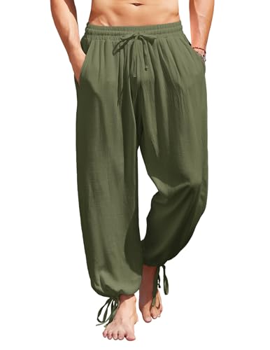 COOFANDY Men's Cotton Linen Pants Casual Harem Pants Elastic Waist Beach Boho Yoga Trousers - color: Army Green, size: 3X-Large