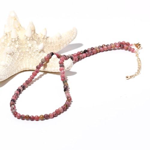 Simple Choker Necklace for Women Real Stone and Crystals Necklaces 4mm Beaded Choker Jewelry Meditation Gift for Women (16"+2") - style: Rhodonite