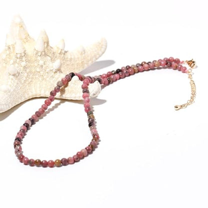 Simple Choker Necklace for Women Real Stone and Crystals Necklaces 4mm Beaded Choker Jewelry Meditation Gift for Women (16"+2") - style: Rhodonite