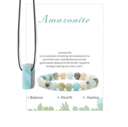 Pingyongchang Stress Relief Anxiety Yoga Bracelets Necklace Set,Healing Crystal Stone Mantra Bracelets for Women Natural Crystal Stone birthday Gifts For Teen Girls Black Leather Necklace for Men - color: Amazonite