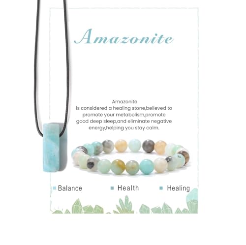Pingyongchang Stress Relief Anxiety Yoga Bracelets Necklace Set,Healing Crystal Stone Mantra Bracelets for Women Natural Crystal Stone birthday Gifts For Teen Girls Black Leather Necklace for Men - color: Amazonite