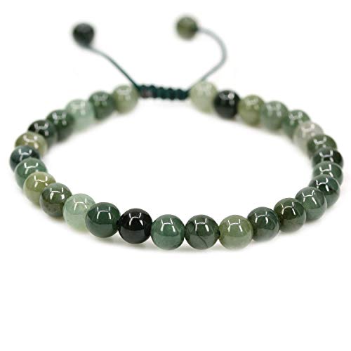 Angelstones Handmade Gemstone 6mm Round Beads Adjustable Braided Macrame Tassels Chakra Reiki Bracelets 7-9 inch Unisex - color: Dark Green Jade