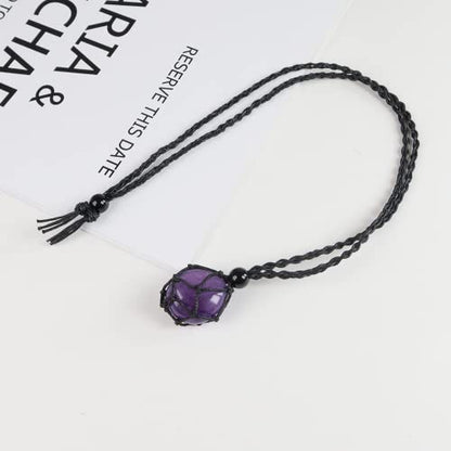 Natural unprocessed crystal raw stone hand woven rope adjustable necklace pendant for both men and women - color: A-Amethyst 1