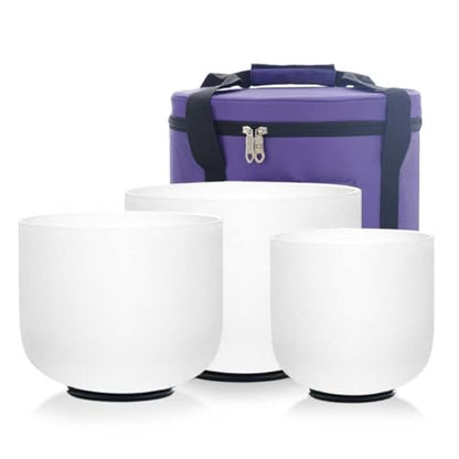 KVKA Set of 3pcs Chakra Frosted Quartz Crystal Singing Bowls Set 8-12 inch with Carrying Case - 12''C 10''F 8''B for Yoga Sound Healing