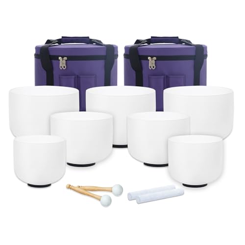 KVKA 6-12 Inch 440hz Crystal Singing Bowls Set of 7pcs White with Carrying Cases, Meditation,Yoga