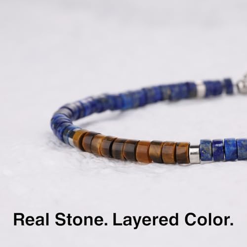 SAMYA Natural Lapis Lazuli Beaded Bracelet for Men – Deep & undyed Lapis Lazuli, 4 ×2mm Heshi Stones, Adjustable Stainless-Steel Clasp