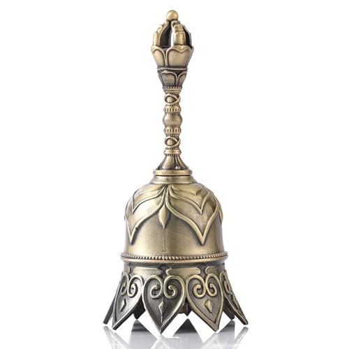 Super Loud Brass Hand Call Bell for Ringing at Wedding, Lotus Hand Bells for Seniors Bedside, Teacher Classroom Bell Dinner Bell Tibetan Bells Meditation Bell, Gift for Bedridden Mom(Bronze)