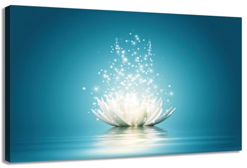 Lotus Wall Art Flower Canvas Poster Lotus Bloom in Water Picture Zen Prints Teal Blue Painting Room Aesthetic for Living Room Bedroom Yoga Spa Meditation Spiritual Wall Decor 12x18 inches, Unframed