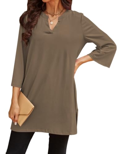 Poetsky Womens Tunic Tops 3/4 Bell Sleeve Loose Fit Tunics Dressy Casual Side Split Flare Top for Leggings S-3XL - color: Dark Brown, size: 3X-Large