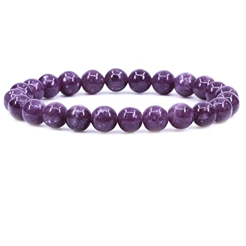 Keleny Gem Semi Precious Gemstones 8mm Natural Quartzite Stone Round Beads Crystal Stretch Bracelet 7 Inch Unisex - color: Purple Lepidolite Lithium Mica