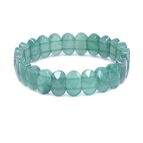 Keleny Semi Precious Stones 14mm Faceted Oval Beads Crystal Rock Elastic Bangle 7.5 Inch - color: Green Aventurine