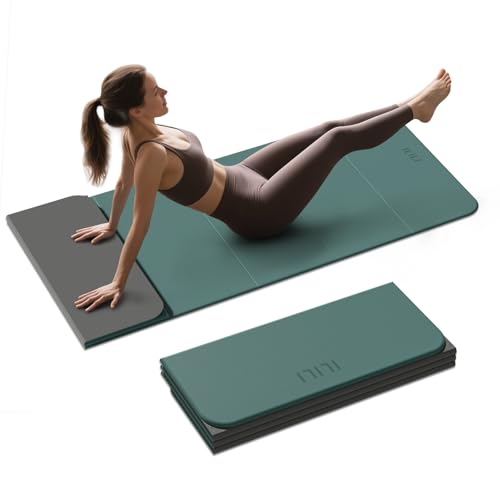 ILILI Foldable Yoga Mat, 10mm Thick, TPE Material, Extra Long 75"L x 26"W, Soft and Comfortable Folding Mat 0.4 Inches, Easy to Carry and Store, 190*66cm Portable Multi-Functional Use for Yoga, Home Exercise & Outdoor - color: Dark Green+Dark Gray