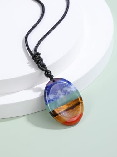Jovivi Natural 7 Chakras Healing Crystals Necklace Oval Gemstone Palm Worry Stone Chakra Pendant Necklace for Anxiety Stress Relief Balancing Meditation - color: Oval-Shaped