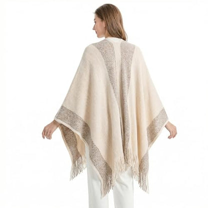 ZLYC Women's Shawl Golden Trim Knit Blanket Wrap Fringe Poncho Coat Cardigan - color: White
