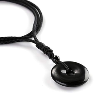 Jovivi 30mm Circle Donut Healing Crystals Necklace Natural Semi-Precious Chakra Gemstone Stone Amulet Lucky Coin Donuts Charm Protection Quartz Reiki Pendant Necklace for Men Women Adjustable Rope - color: Obsidian Crystal