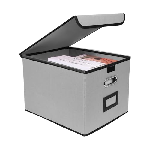 File Storage Box with Lid, 15.55x12.87x10.43 Inches, Foldable Organizer with Handles & Label Slot, for File Storage, Home, Office, and Closet Organization(Grey) - color: Grey, style: Rectangle - 1 Pack