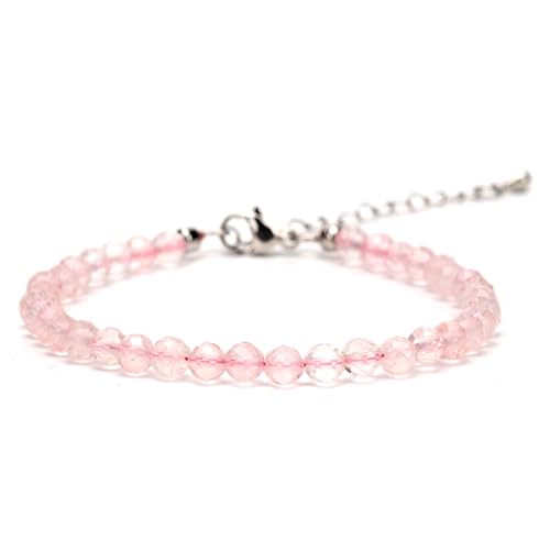 Crystal Bracelet for Women, Natural 4mm Faceted Beads Adjustable Bracelet, Small Beaded Healing Gemstone Bracelet - color: Rose Quartz