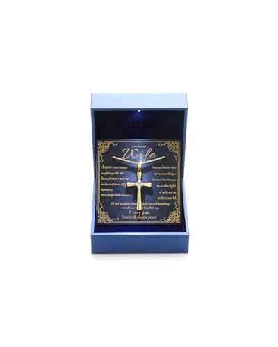 1CT Moissanite Cross Necklace for Women Wife, 18K Gold Filled or Sterling Silver Cross Pendant Chain Jewelry,Anniversary Birthday Gifts for Women Wife Her with LED Light-Up Gift Box and Gift Card - style: Gold-To My Beautiful Wife Card