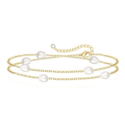 Zeffy Gold Pearl Beaded Bracelet for Women, 14K Gold Plated Jewelry Set With Paperclip Link Chain, Trendy Stack Bracelets - style: Double-Layered Pearl Bracelet