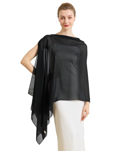 Chiffon Cape Shawl Wrap Scarf 3 Ways to Wear Elegant Sheer Capelet for Evening Dresses Weddings Parties - color: Black