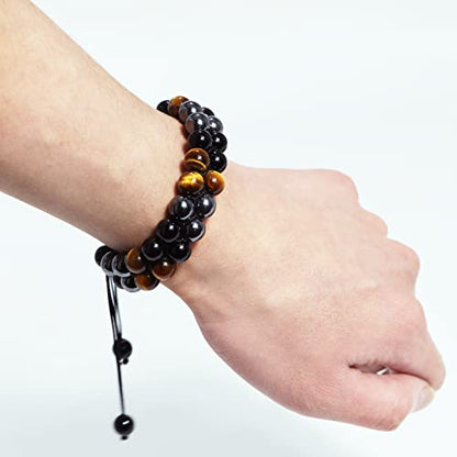 Triple Protection Bracelet Natural Black Obsidian Tigers Eye Hematite Beads Crystal Bracelet Healing Bracelets for Men Women Bring Prosperity Luck and Health - color: Black Yellow