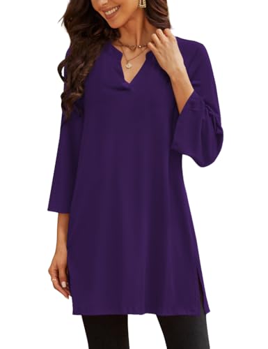 Poetsky Womens Tunic Tops 3/4 Bell Sleeve Loose Fit Tunics Dressy Casual Side Split Flare Top for Leggings S-3XL - color: Dark Purple, size: Medium