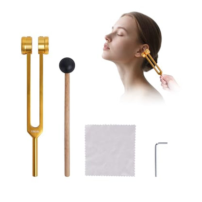 Energy Sound Relaxation Tuning Forks Kit-128Hz, Sound Therapy Tools, Non-Magnetic Aluminum Alloy, for Hearing Tests, Special Tuning Hammer for Ear Cleaning，Meditation Tool with Travel Case（Gloden） - color: Gloden