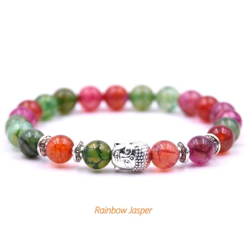 Handmade Buddha Charm Bracelet – Healing Stone Beads Bracelet with Buddha Charm, Mala Beads Yoga Beads – Stretch Bead Bracelet for Men and Women - style: Rainbow Jasper