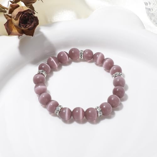 Healing Bracelet For Women Anxiety Crystal Bracelet Chakra Beaded Bracelets Rose Quartz Crystals And Healing Stones Yoga Bead Bracelet Calming Stretch Bracelet Stress Relief Gifts For Women - color: Light Purple-Cat Eye
