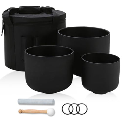 432HZ 7-11 Inch 3 Pcs Black Frosted Crystal Singing Bowl Set for Meditation Healing Yoga Chakra Quartz Crystal Sound Bowls with Heavy Duty Carry Cases and Rubber Mallet,Suede Striker,O-rings