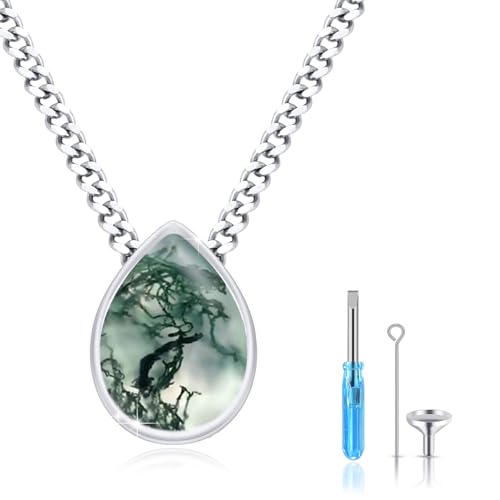Urn Necklace for Ashes 925 Sterling Silver Cremation Pendant Horse/Dragon/Owl/Moonstone/Opal/Turquoise/Moss Agate/Malachite Keepsake Memorial Jewelry for Women Men - style: Moss Agate