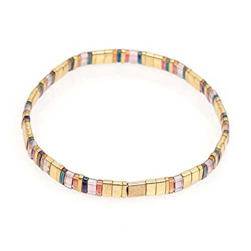 Summer Candy Colors Tila Flat Seed Beads Stretch Strand Bracelet for Women- Trendy Unique Friendship Handmade Mixed Colorful Square Beaded Link Bracelets Stackable Jewelry Gifts - color: 0089B