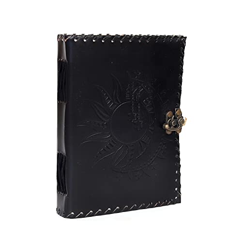 Vintage Leather Journal with Sun & Moon Design – Handmade Lock Diary Notebook, 7 x 5 Inch Writing Journal, Rustic Travel Journal for Men & Women, Gift for Writers, Sketchbook, Gratitude Journal (Black, 8x6 Inch)